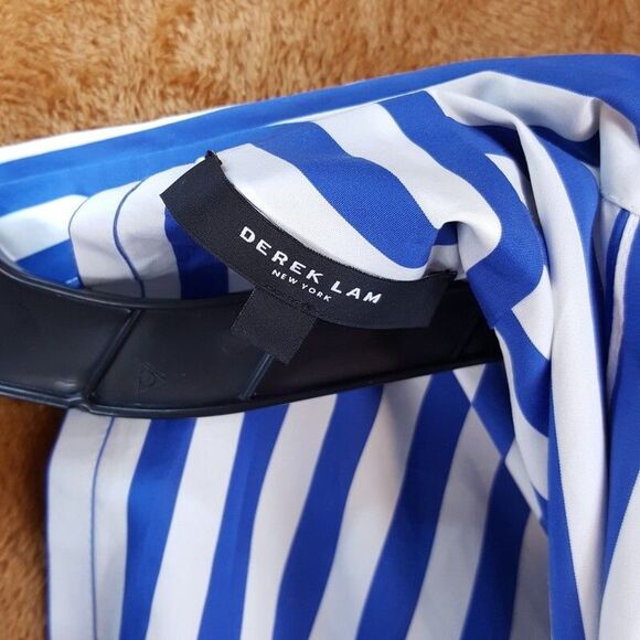 DEREK LAM Shirt Dress Womens Size 6 Blue Stripe Button Up Belted Pocket Collared - Picture 5 of 10